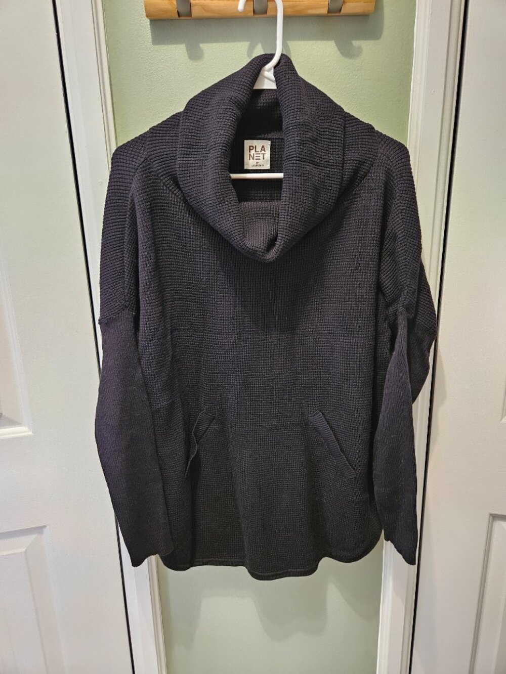Planet by Lauren G Waffle Knit Cowl Neck Kangaroo Pocket Shirt Sweatshirt O/S
